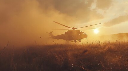 Poster - A helicopter is lifting off from a grassy field at sunset, kicking up dust while the orange sun sets in the background, creating a dramatic and atmospheric moment.