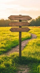 Poster - Three blank wooden arrows on a signpost are pointing in different directions in a field at sunset, symbolizing choices, decisions, and the concept of fobo - fear of better options -