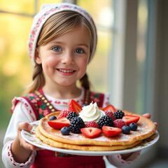 A banner for the Carnival holiday with space to copy. A girl in a traditional costume in close-up with a plate of pancakes.