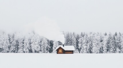 Poster - Smoke rising from chimney of a cozy wooden cabin nestled in a snow covered valley, surrounded by a pristine forest of snow laden pine trees, creating a serene winter wonderland scene