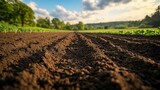 A close-up view of freshly plowed soil under a bright sky, showcasing natural textures and agricultural potential.