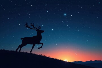 Wall Mural - Flying reindeer silhouette against starry backdrop , illustration, cosmic