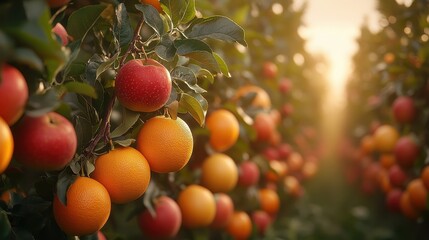 Vibrant orchard with ripe apples and oranges glistening in morning dew under soft sunlight.