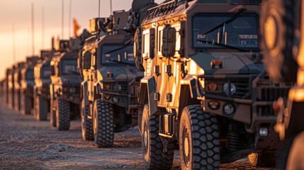 Aufkleber - Heavy military vehicles are positioned in a straight line as the sun sets, highlighting their rugged design and showcasing the readiness for upcoming exercises in the field.