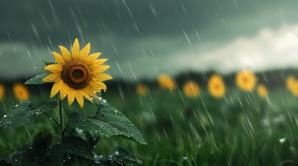 Poster - Beautiful sunflower blooming in a field during a heavy rain shower, with water droplets clinging to its petals and leaves, creating a vibrant and refreshing scene of nature's resilience