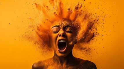 Aufkleber - Woman covered in orange powder screaming with closed eyes and powder exploding from her head on an orange background, expressing stress, information overload, burnout, and mental health issues