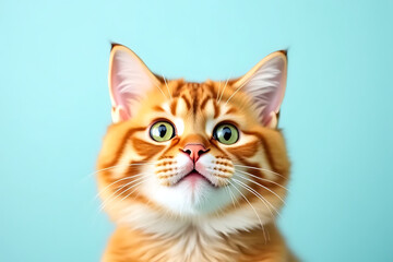 Wall Mural - fluffy orange cat with striking green eyes gazes curiously at camera against light blue background, exuding playful and inquisitive expression