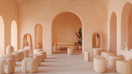 Poster - serene interior of a modern lounge with warm tones and minimalist furniture, featuring arches