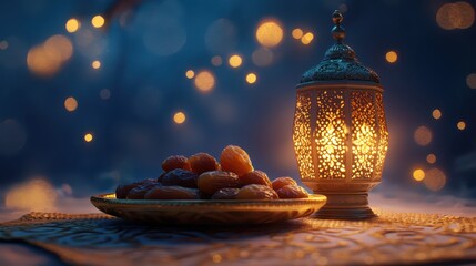 Decorative plate with dates, glowing traditional large lantern, both placed on a patterned mat