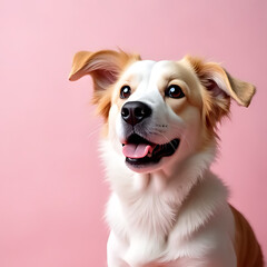 Wall Mural - happy dog with playful expression poses against pink background, showcasing its fluffy fur and bright eyes. This charming pet radiates joy and warmth