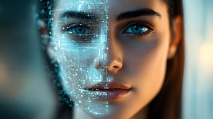 Poster - close-up of a woman's face with digital interface overlay, representing artificial intelligence, tec