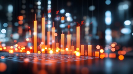 Poster - Financial Market Growth, Red and Orange Chart, City Lights Background, Business Concept
