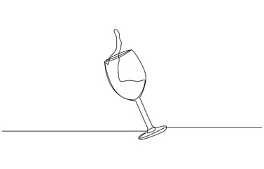 Poster - A wine glass is drawn in a line drawing style. The glass is half full, and the stem is visible, Continuous line drawing of wine glass. Single line wine glass icon.