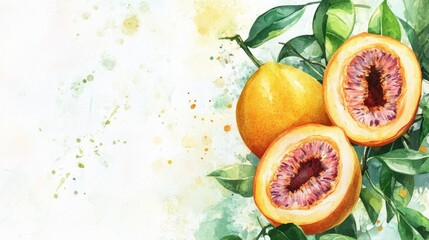 Wall Mural - Watercolor painting of halved and whole lemons with leaves