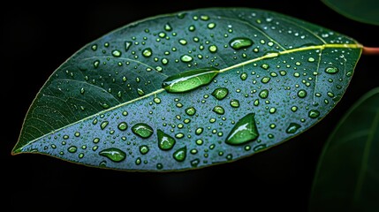 Wall Mural - vibrant green leaf with dew drops nature macro photography lush foliage closeup