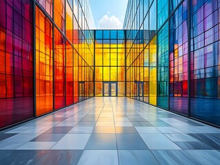 Poster - Surreal Multicolored Glass Building Reflecting the Sky in a Harmonious Architectural Design