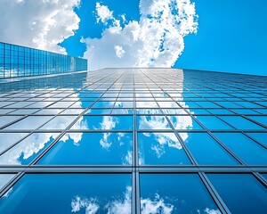 Poster - Vibrant Corporate Campus with Mirrored Glass Facades Reflecting the Cloudless Sky