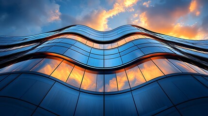 Poster - Stunning Curved Glass Facade Reflecting Sunset Sky in Modern Urban Skyline