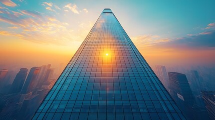 Poster - Modern Glass Tower With Geometric Facade Shimmering Under Pristine Sky Backdrop