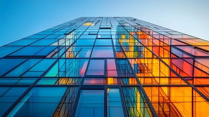 Poster - Striking Modern Glass Building with Angled Rooftops Reflecting the Radiant Colors of the Clear Horizon at Dusk
