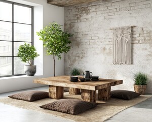 Wall Mural - Cozy Modern Interior with Natural Elements, Wooden Table, Green Plants, and Comfortable Cushions