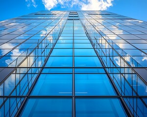 Poster - Sleek Mirrored Corporate Skyscraper Reflecting Serene Blue Sky on a Bright Sunny Day