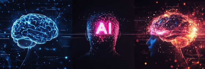 Poster - Graphic layouts illustrating artificial intelligence concepts with human brain representations