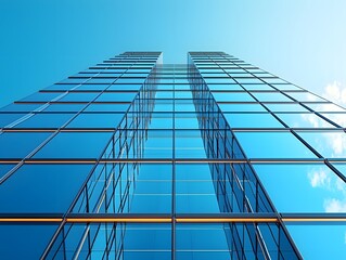 Poster - Modern Glass Building Reflecting Endless Cloudless Sky with Copy Space