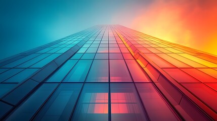 Poster - Radiant Glass Skyscraper with Minimalist Design Elements in Pastel Sky Backdrop