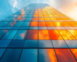 Poster - Radiant Reflections of a Towering Glass Building in a Vibrant City Skyline