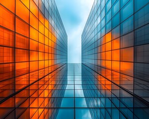 Poster - Towering Modern Glass Skyscraper with Radiant City Skyline Reflections and Clear Blue Sky
