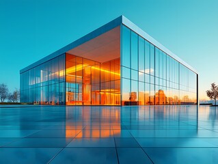 Poster - A radiant and futuristic glass conference center with mirrored surfaces glowing under a vivid cloudless sky