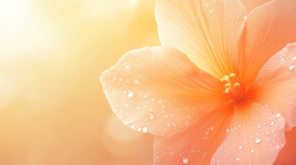 Poster - Peach colored flower with water drops on petals blooming in sunlight, creating a beautiful and delicate natural background perfect for beauty, cosmetics, and nature themed projects