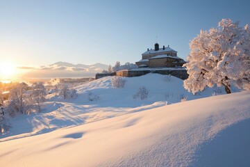 Wall Mural - Snowy Winter Sunrise Castle Landscape