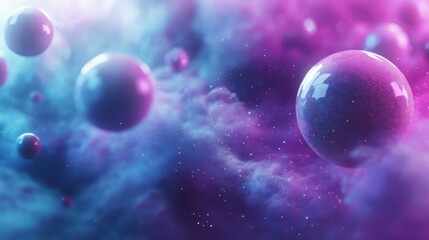 Wall Mural - glowing spheres float amidst a colorful cosmic cloud backdrop