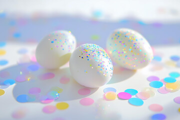 Wall Mural - closeup photo of beautifully decorated Easter eggs with a minimalist yet festive design, featuring white eggs adorned with colorful confetti-like circular stickers in pastel and glittery shades