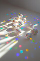 Wall Mural - closeup photo of beautifully decorated Easter eggs with a minimalist yet festive design, featuring white eggs adorned with colorful confetti-like circular stickers in pastel and glittery shades  