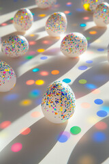 Wall Mural - closeup photo of beautifully decorated Easter eggs with a minimalist yet festive design, featuring white eggs adorned with colorful confetti-like circular stickers in pastel and glittery shades  