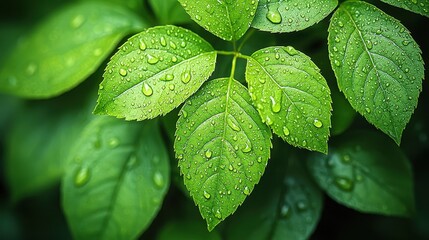 Wall Mural - lush green leaves with dew drops nature s refreshing beauty close up