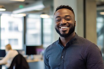 Poster - Smiling man in modern office with colleague working
