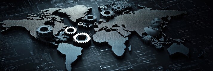 Poster - Graphic layout showcasing a world map with gears for advertising purposes