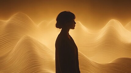 Poster - Silhouette of a woman against a glowing wave backdrop during a creative light installation at an art gallery