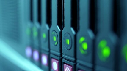 Wall Mural - close up view data center showing server equipment with flickering light indicators Cloud computing