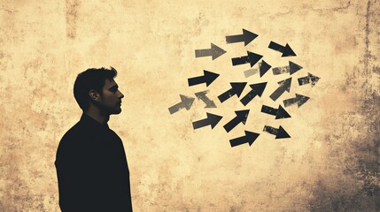 Poster - Businessman is choosing right direction, facing many arrows pointing in different directions, concept of fear of better option and job insecurity