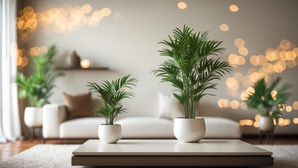 Poster - modern living room with indoor plants and soft bokeh lighting creating a cozy atmosphere