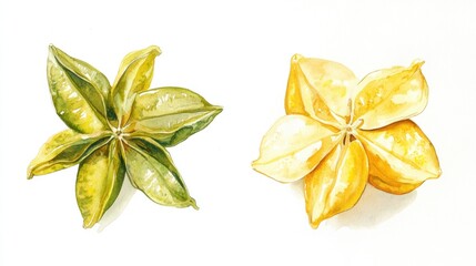 Watercolor painting of two star fruits, ripe and unripe, on white background; food illustration