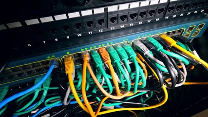 Wall Mural - network switch with lan cable mount on rack data center server internet connected cluttered cables