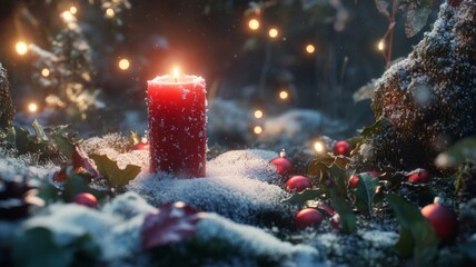 Red Candle in Snowy Winter Wonderland