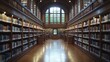 © Bebek - Grand library interior with wooden bookshelves, arched windows, and gleaming floors.