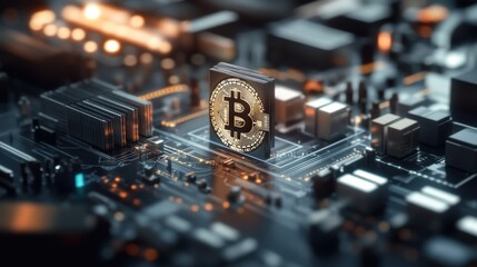 Poster - Bitcoin Cryptocurrency Symbol on Circuit Board in Digital Environment